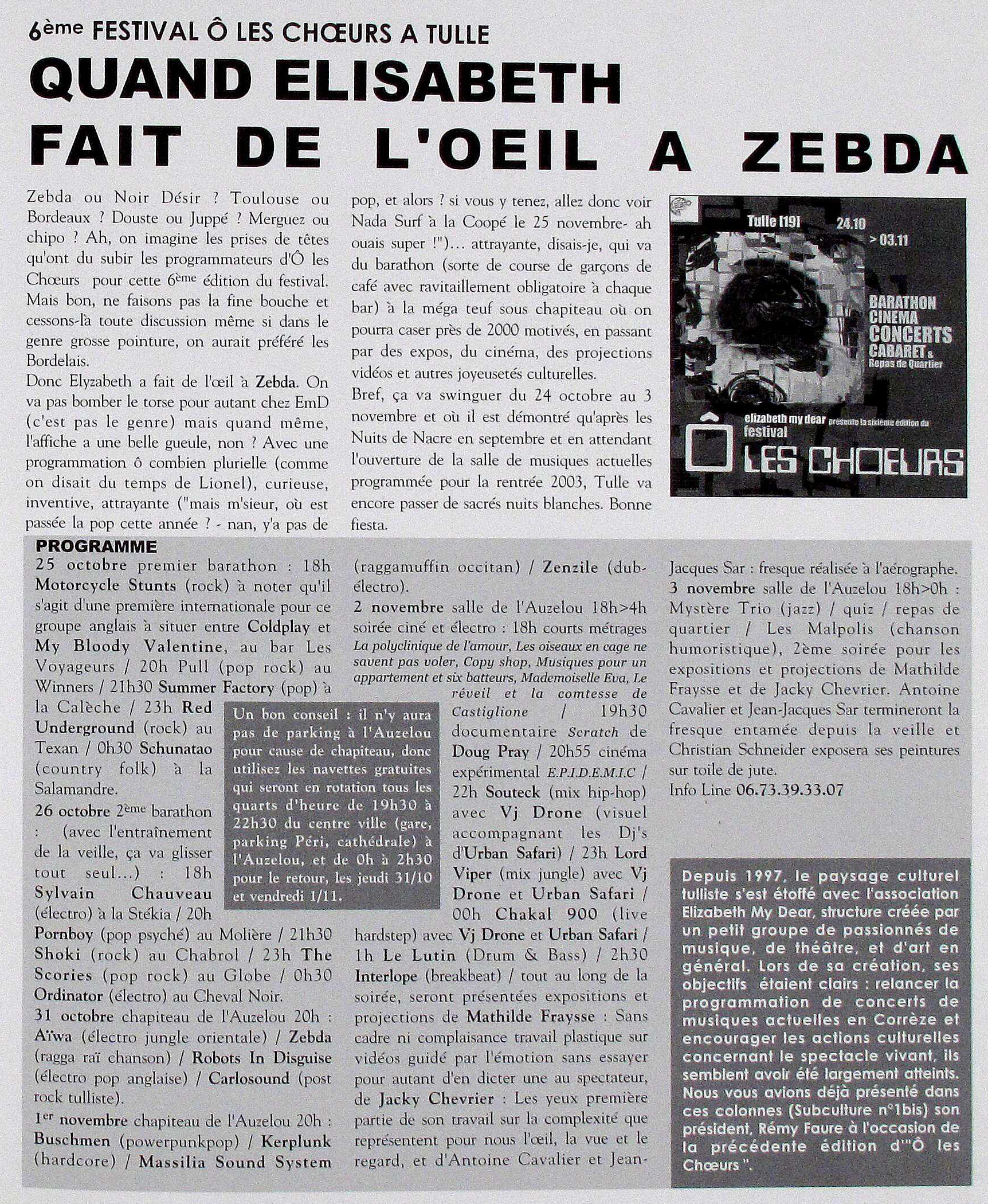 Le magazine Subculture consacre une page aux activités de l'association - Automne 2002 - Archives Dlqc